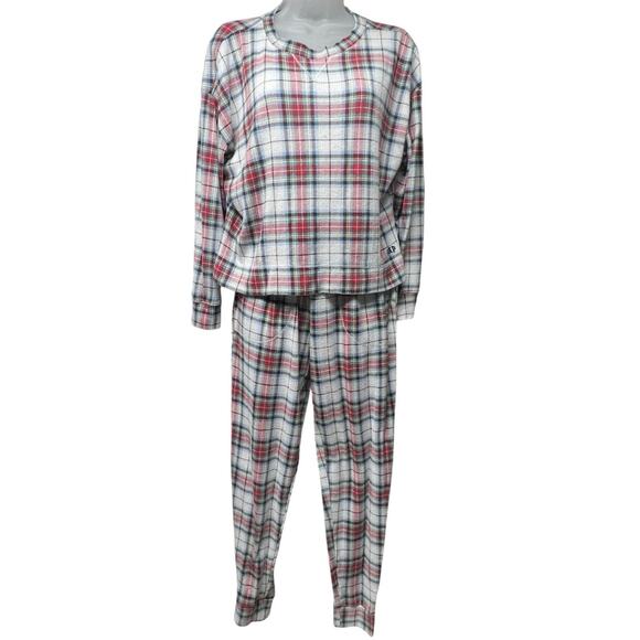 Gap Body 2 Piece Lounge Pajama Top Jogger Bottom Set Red Blue Plaid Size Medium - Picture 1 of 7